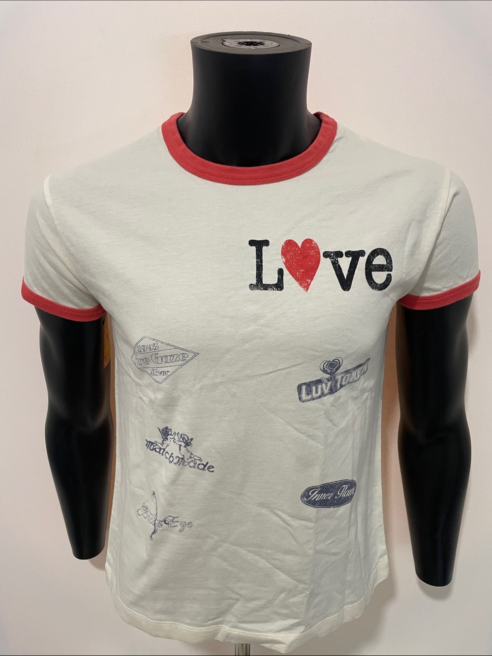 Zara White Short Sleeve 'Love' Graphic Ringer Tee with Red Trim